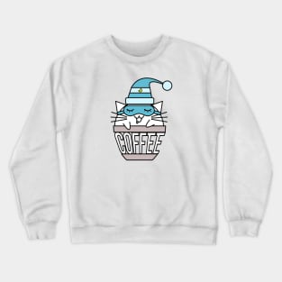 Cat in coffee cup with warped text sleeping blue Crewneck Sweatshirt